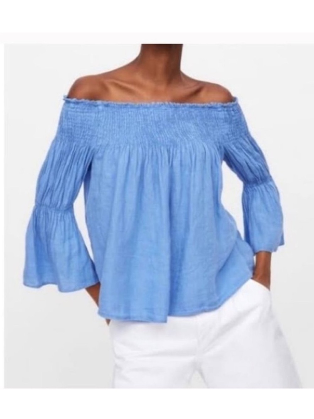 Zara light blue linen off shoulder bell sleeve blouse top XS